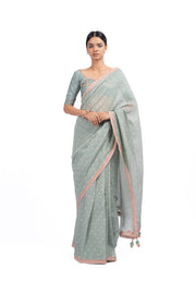 GREEN CHANDERI SUNEHRI SAREE SET