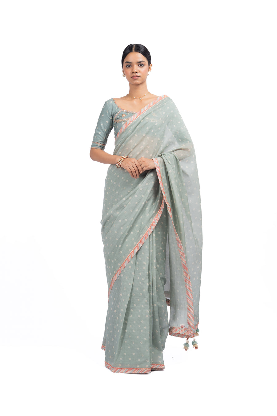 GREEN CHANDERI SUNEHRI SAREE SET