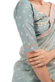 GREEN CHANDERI SUNEHRI SAREE SET