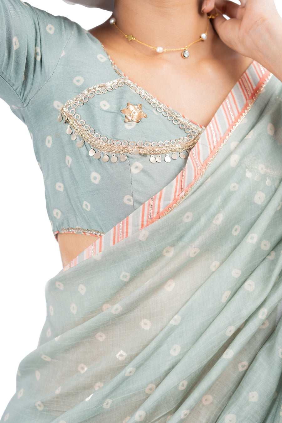 GREEN CHANDERI SUNEHRI SAREE SET