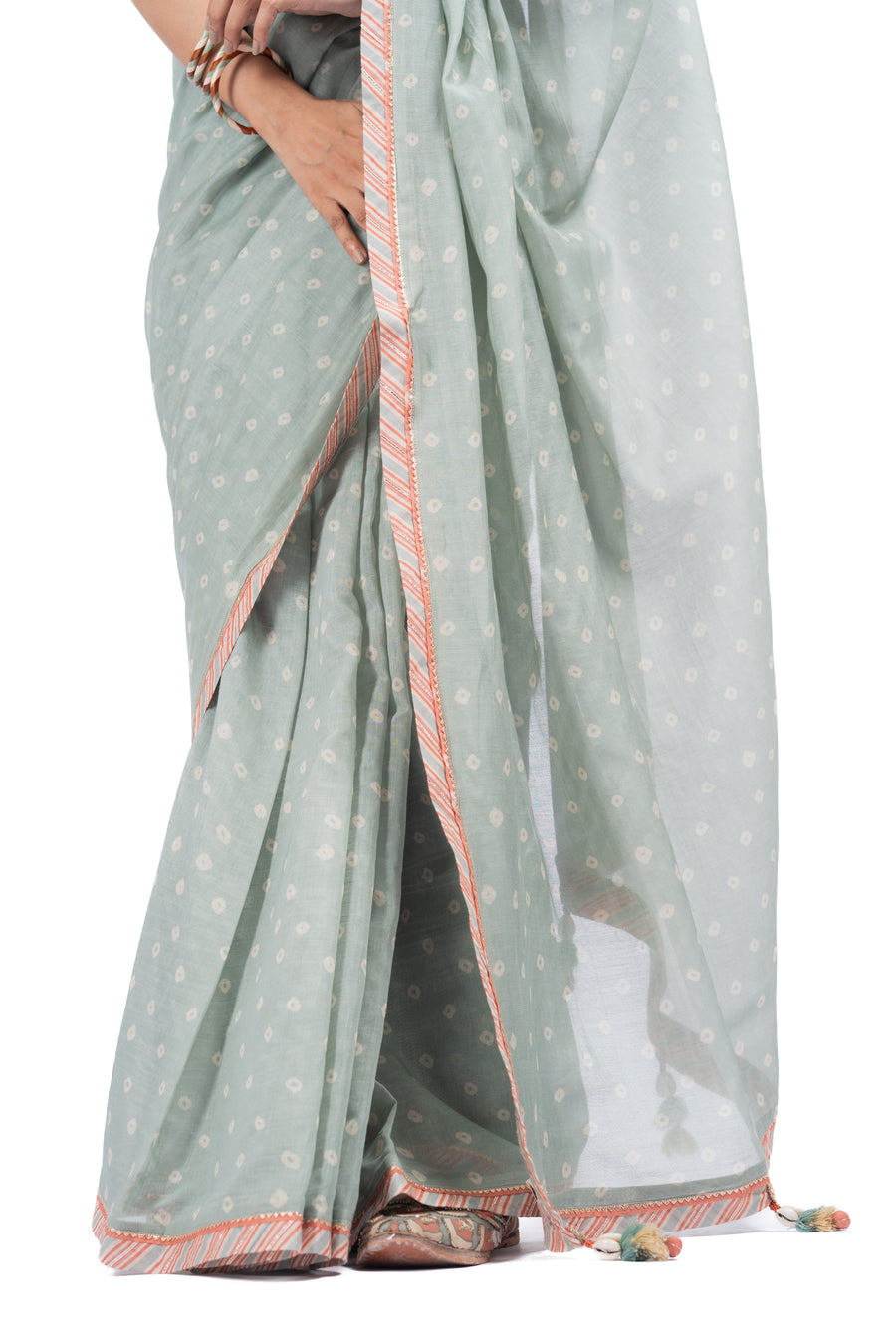 GREEN CHANDERI SUNEHRI SAREE SET