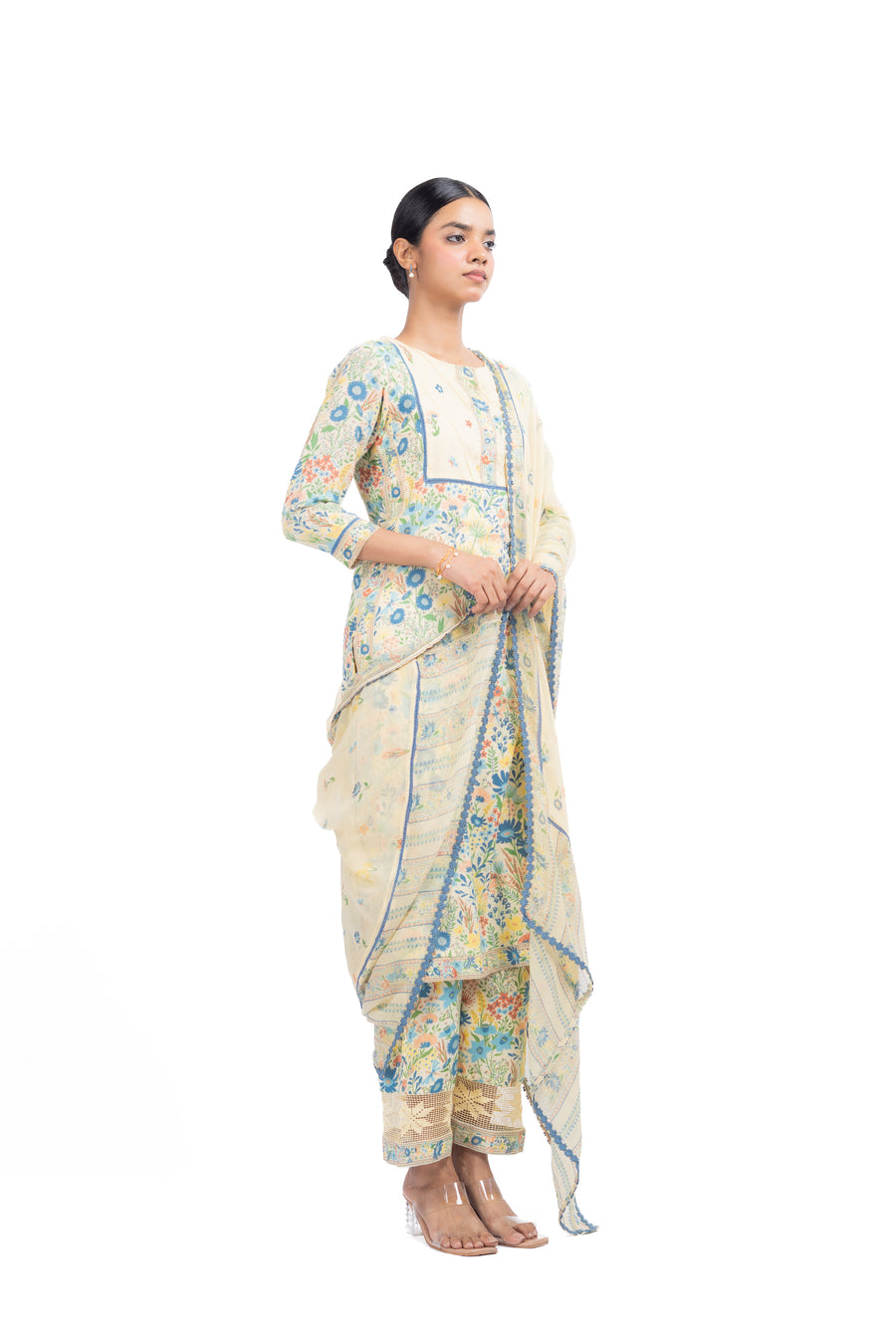 PASTEL YELLOW - MULTI COLOR COTTON MOSS OLIVIA STRAIGHT KURTA SET