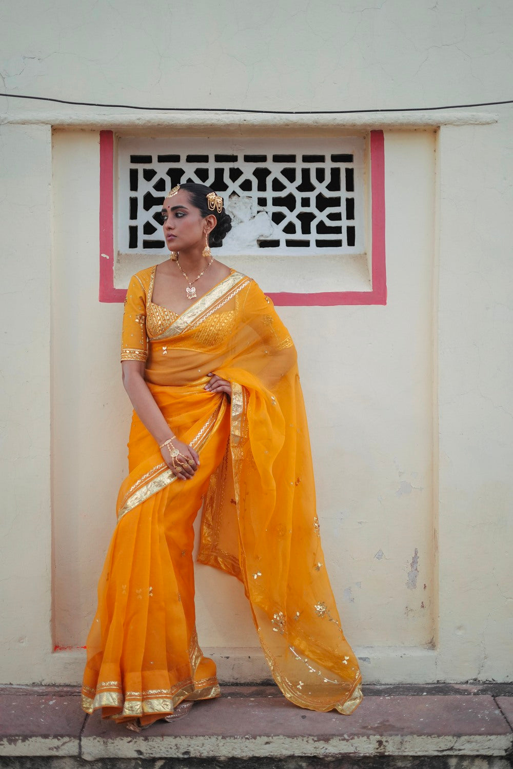 SUNEHRI  SAREE WITH STITCHED BLOUSE  SET OF 2