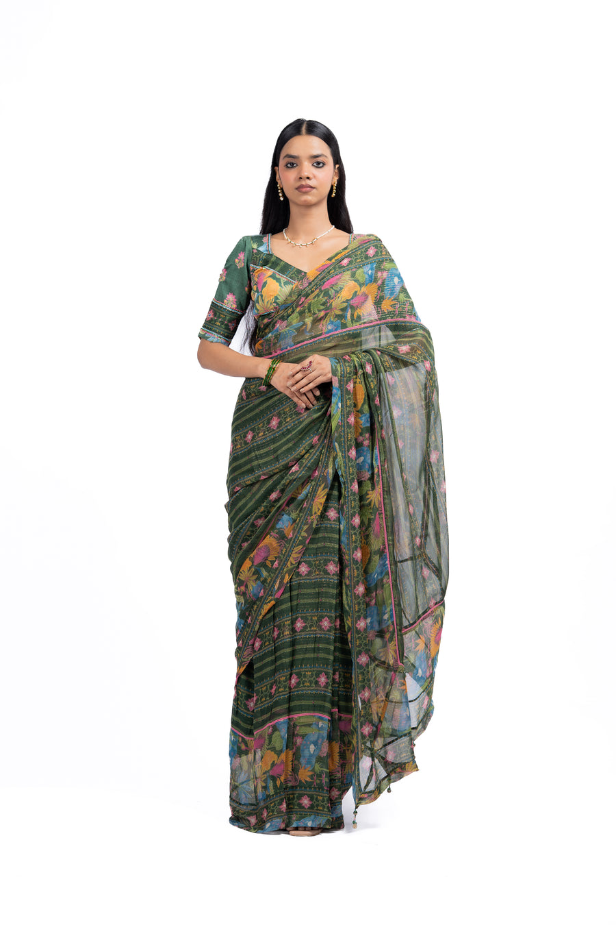 GREEN LUREX CHIFFON FALGUNI SAREE SET
