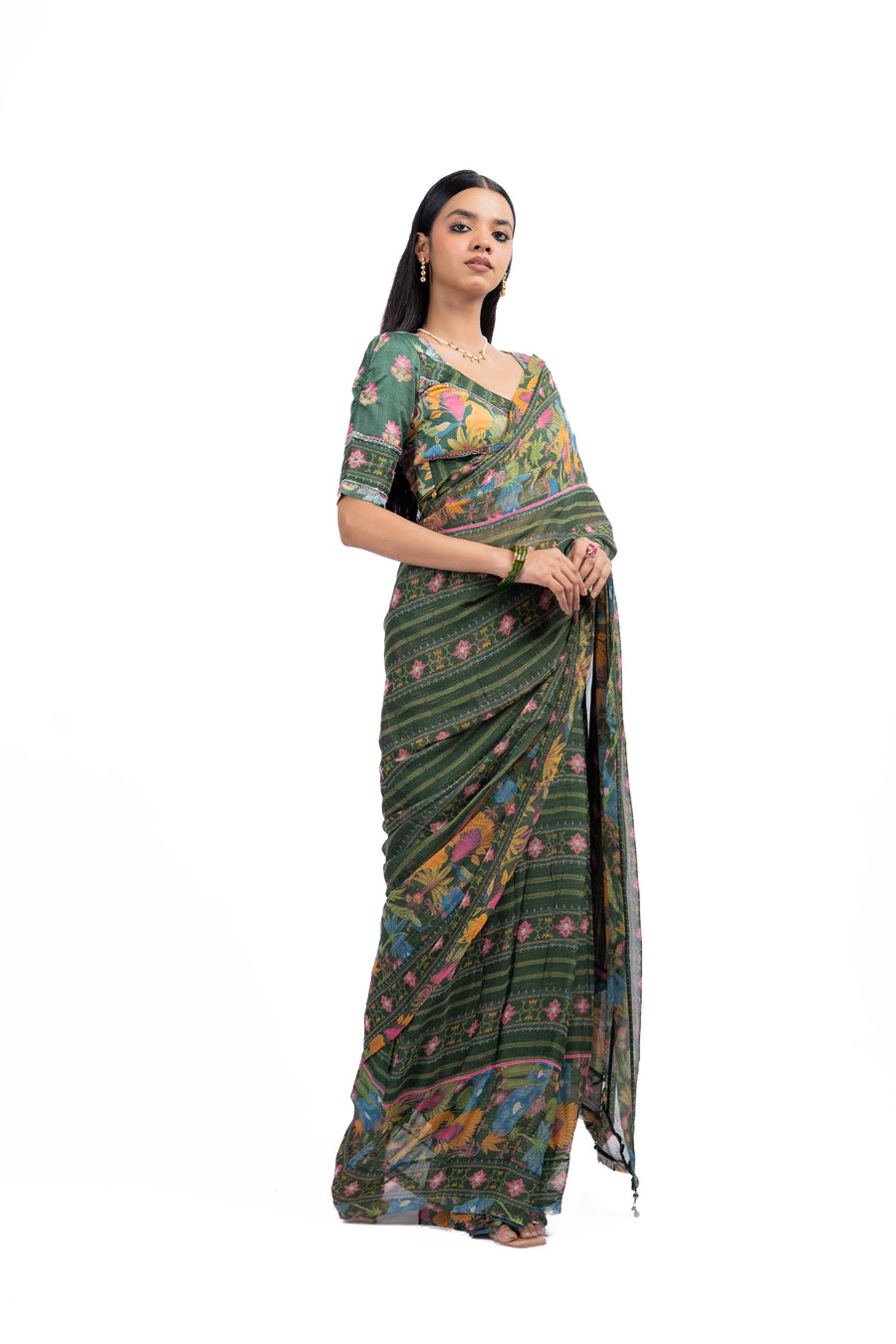 GREEN LUREX CHIFFON FALGUNI SAREE SET