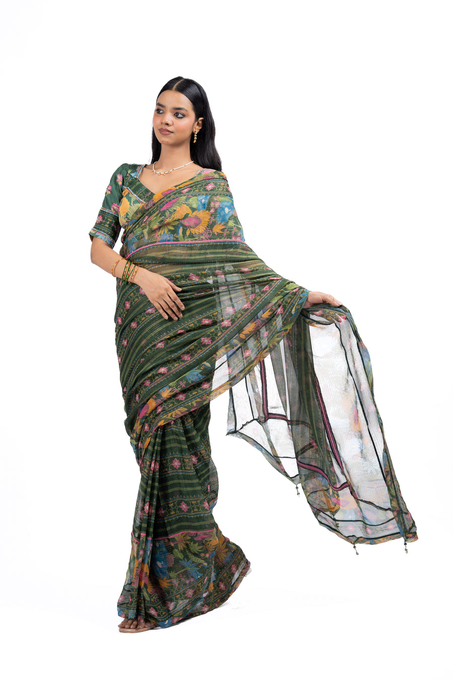 GREEN LUREX CHIFFON FALGUNI SAREE SET
