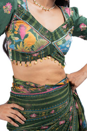 GREEN LUREX CHIFFON FALGUNI SAREE SET