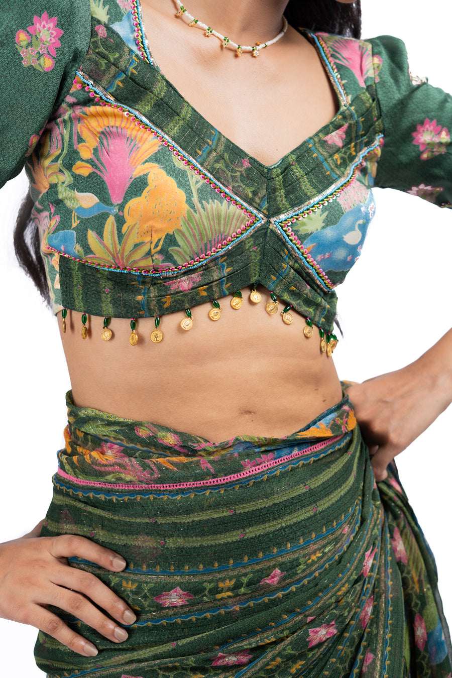 GREEN LUREX CHIFFON FALGUNI SAREE SET
