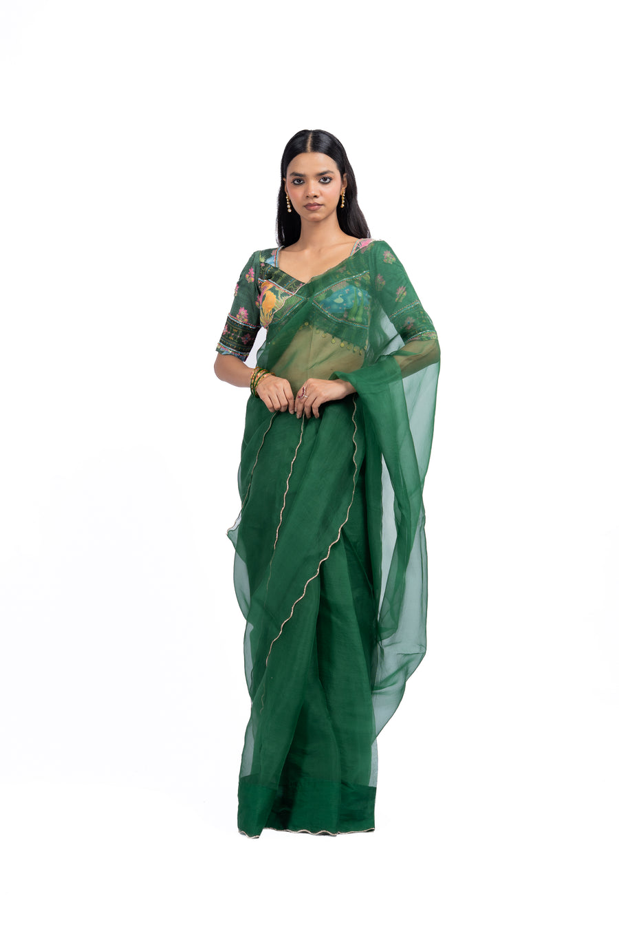 GREEN ORGANZA TARU SAREE SET
