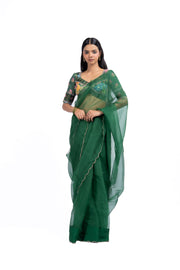 GREEN ORGANZA TARU SAREE WITH MADAL SATIN BLOUSE