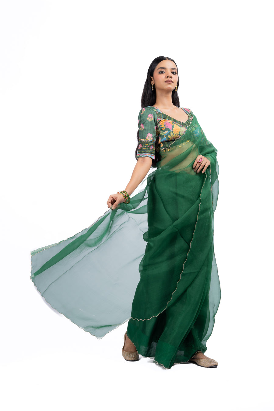 GREEN ORGANZA TARU SAREE WITH MADAL SATIN BLOUSE