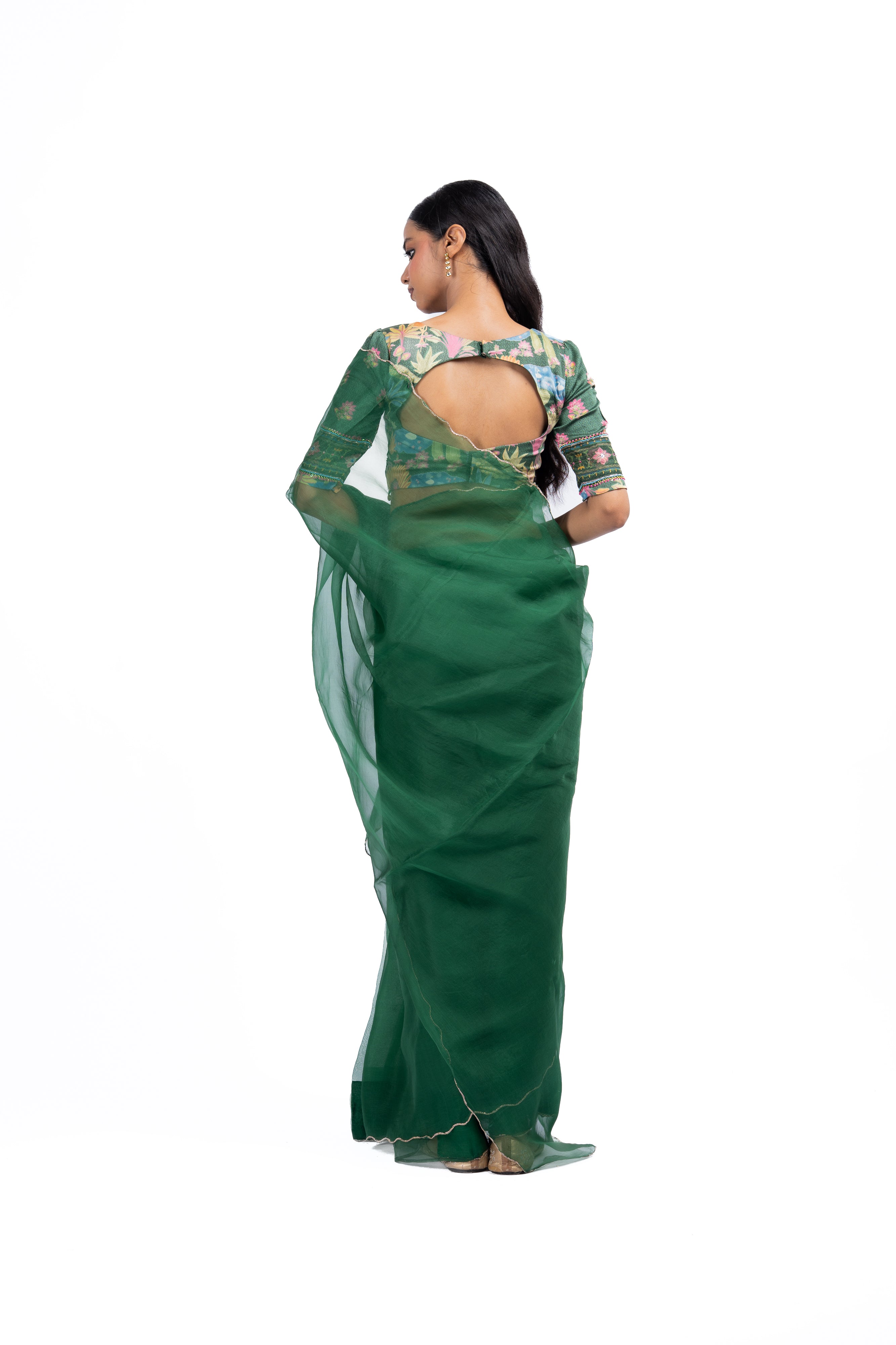 GREEN ORGANZA TARU SAREE WITH MADAL SATIN BLOUSE