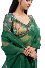 GREEN ORGANZA TARU SAREE SET