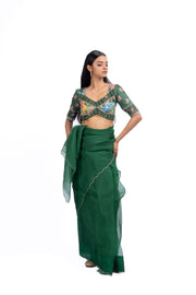GREEN ORGANZA TARU SAREE WITH MADAL SATIN BLOUSE