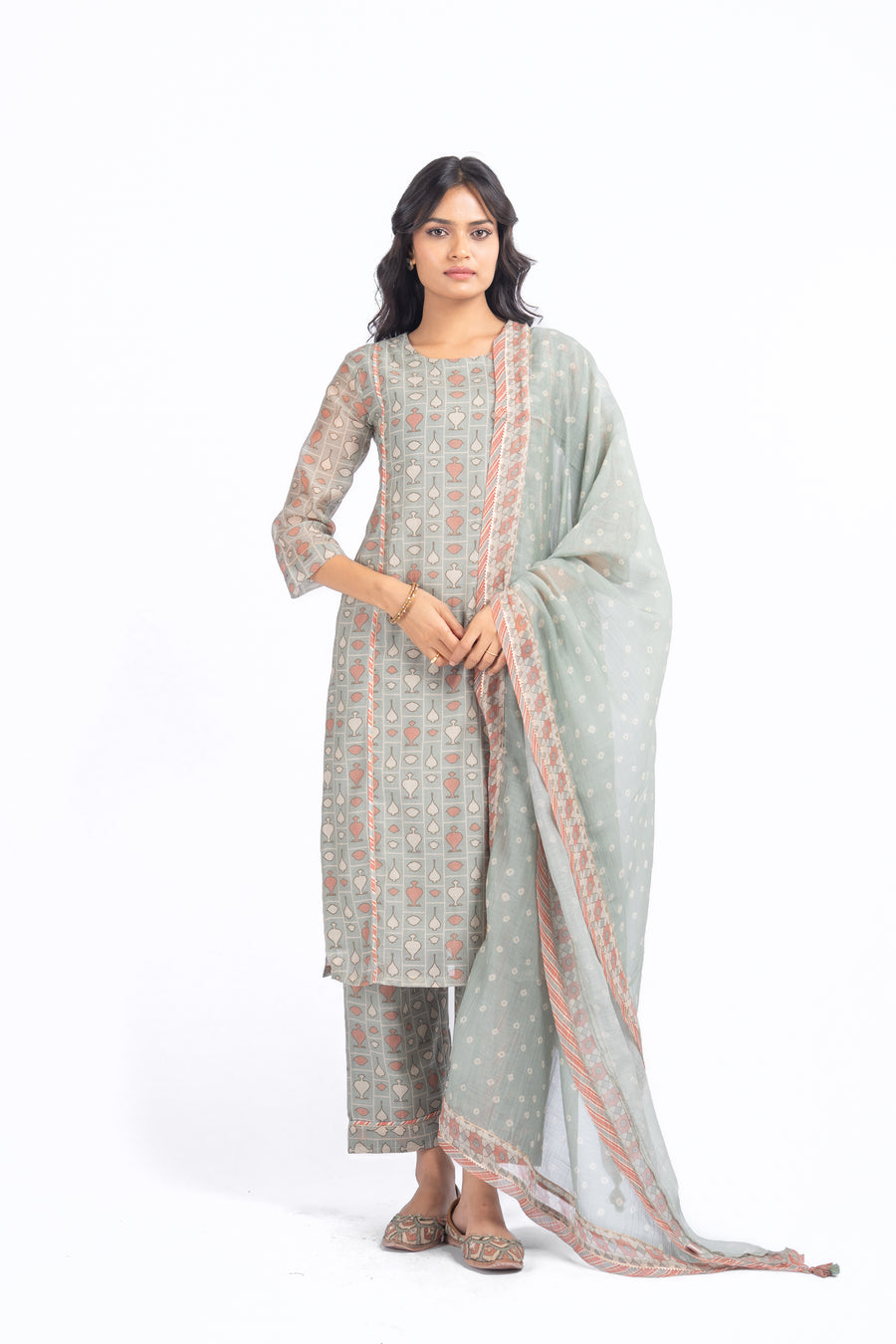 GREEN CHANDERI NEEL KAMAL KURTA SET