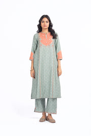GREEN CHANDERI SANGANERI KURTA SET