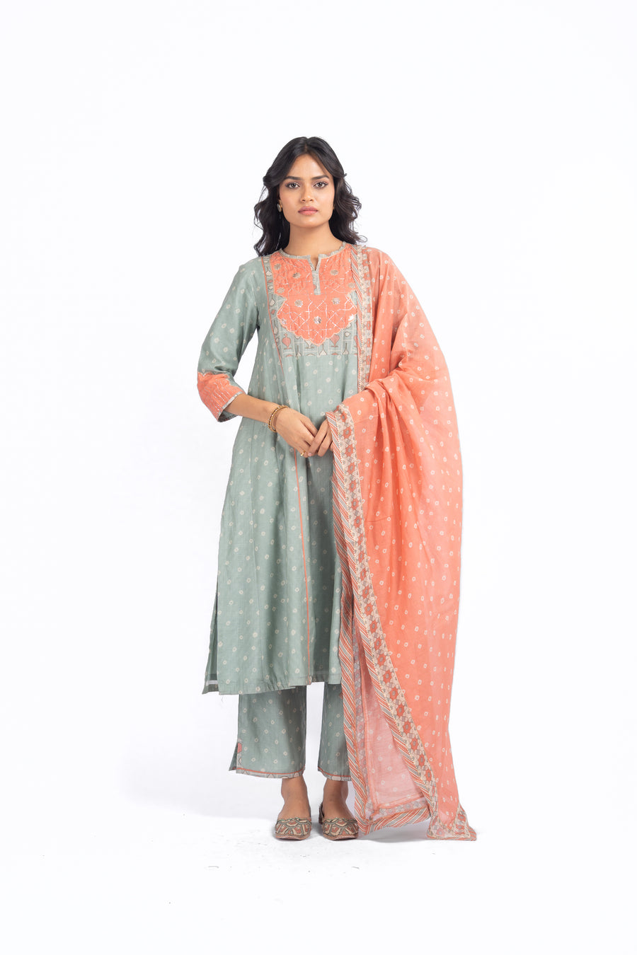 GREEN CHANDERI SANGANERI KURTA SET