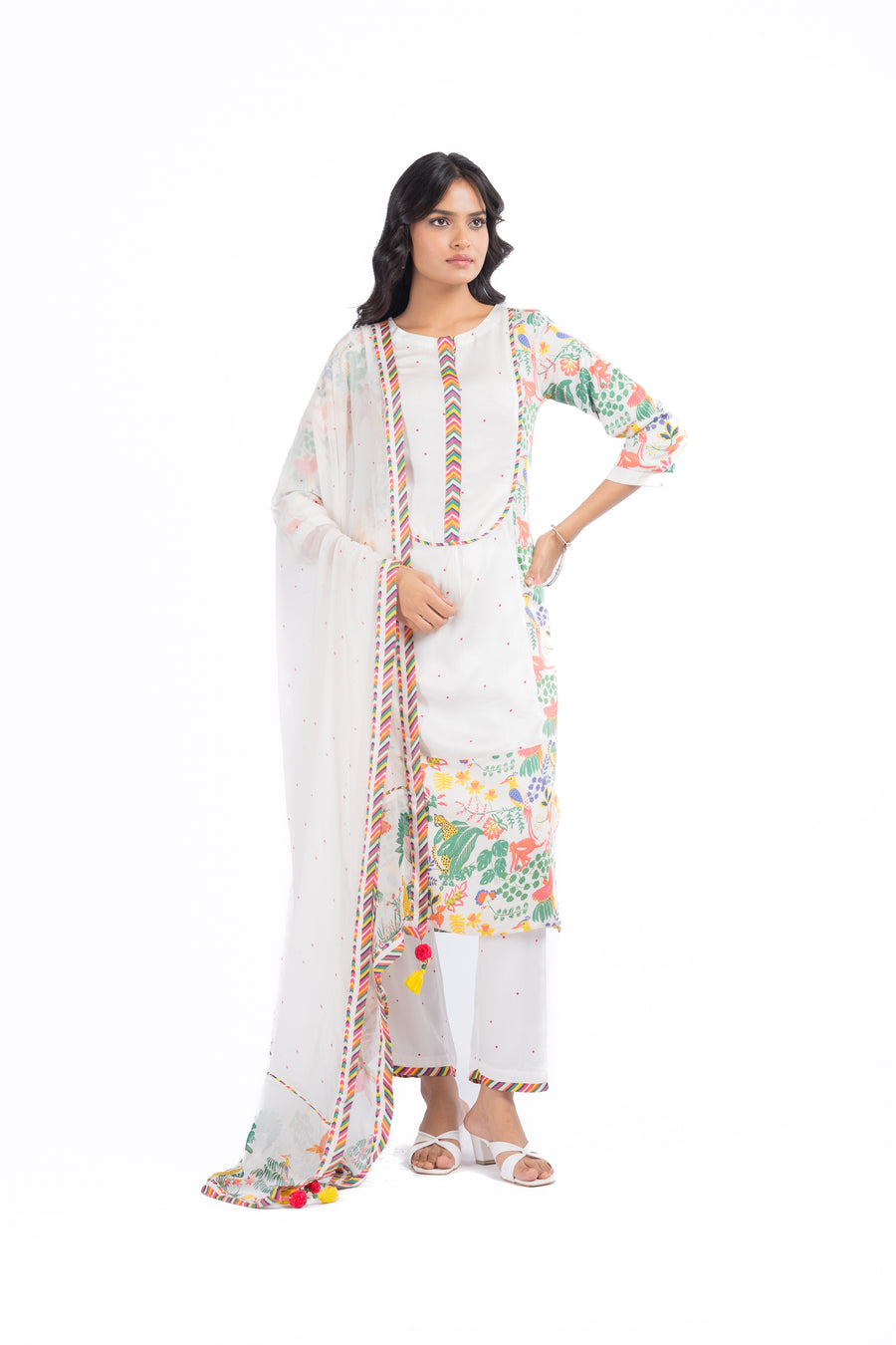 WHITE MODAL SATIN SABA KURTA SET