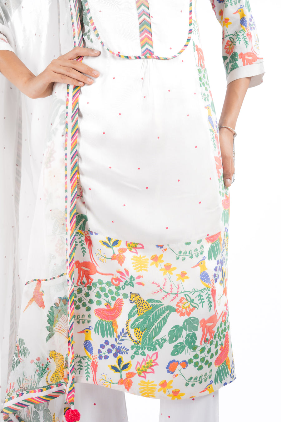 WHITE MODAL SATIN SABA KURTA SET