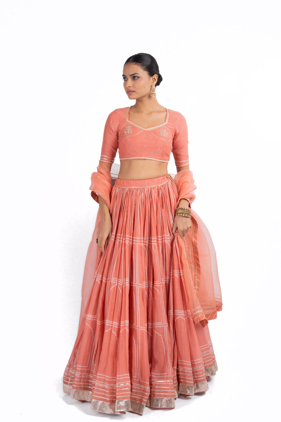 ORANGE CHANDERI HAWA MAHAL LEHENGA SET