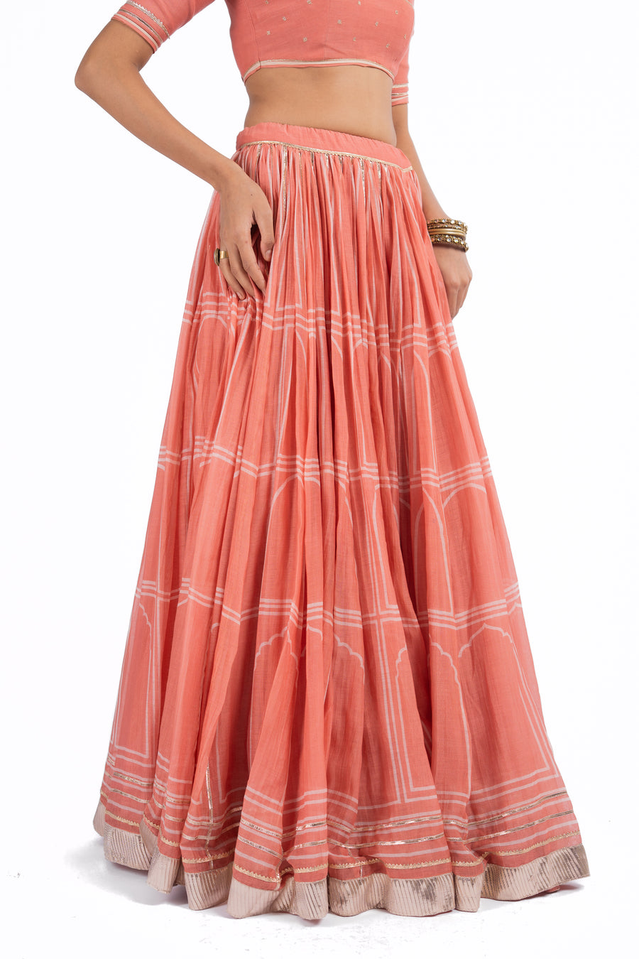 ORANGE CHANDERI HAWA MAHAL LEHENGA SET