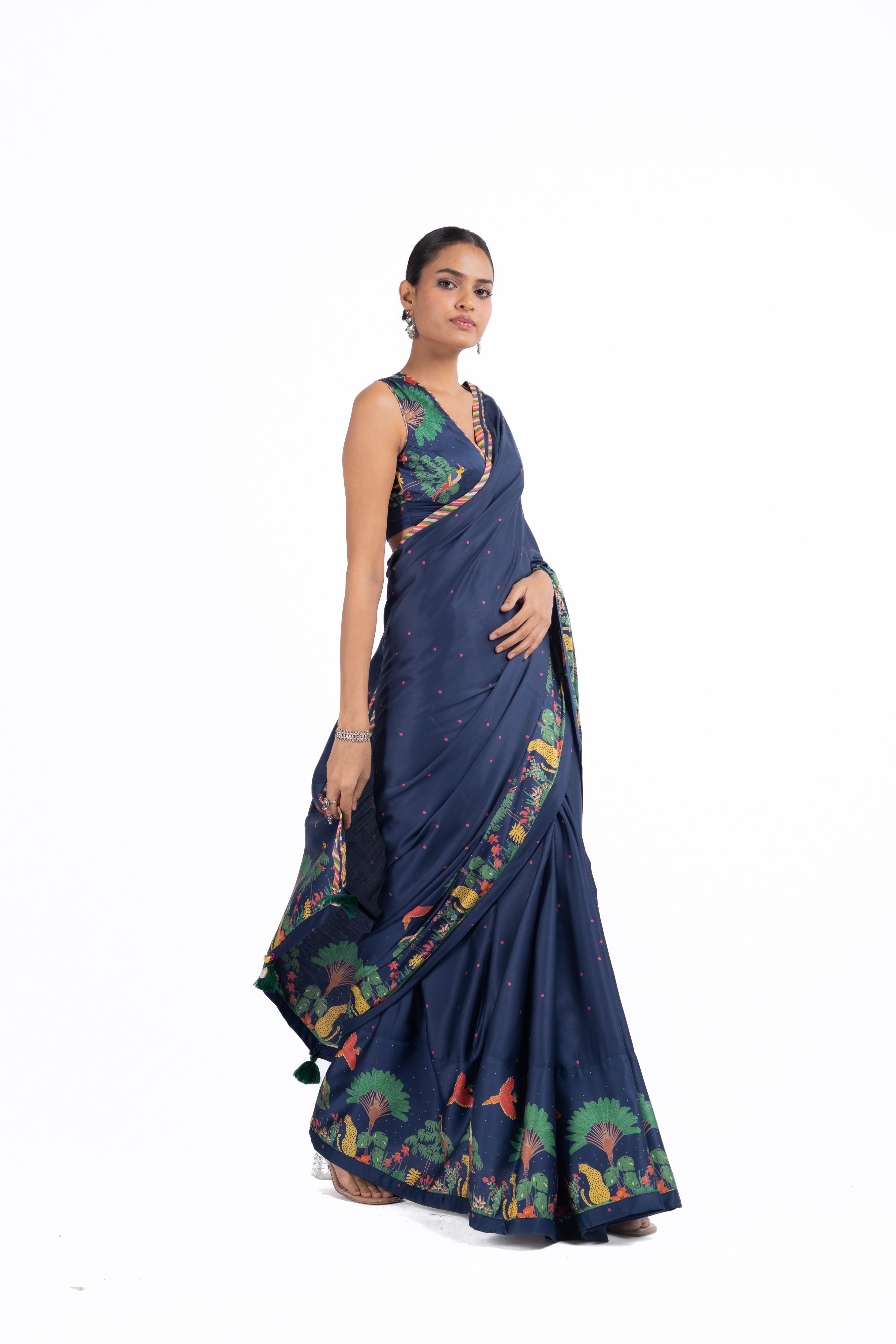 BLUE MODAL SATIN CHAMKI SAREE SET