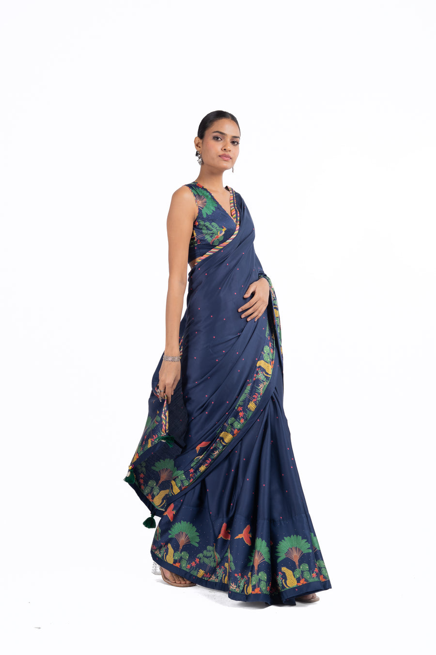 BLUE MODAL SATIN CHAMKI SAREE SET