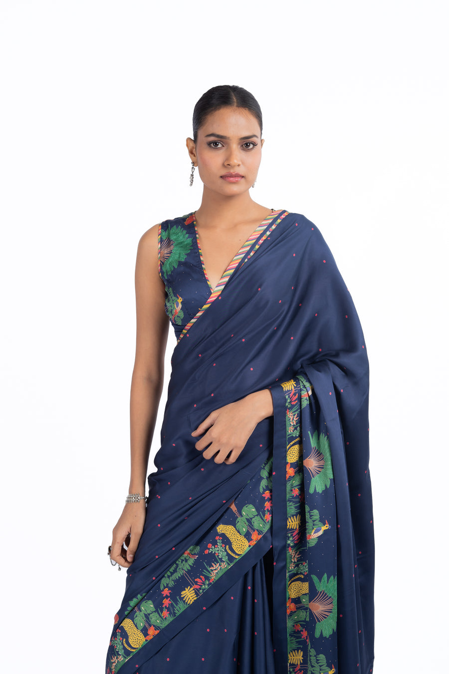 BLUE MODAL SATIN CHAMKI SAREE SET