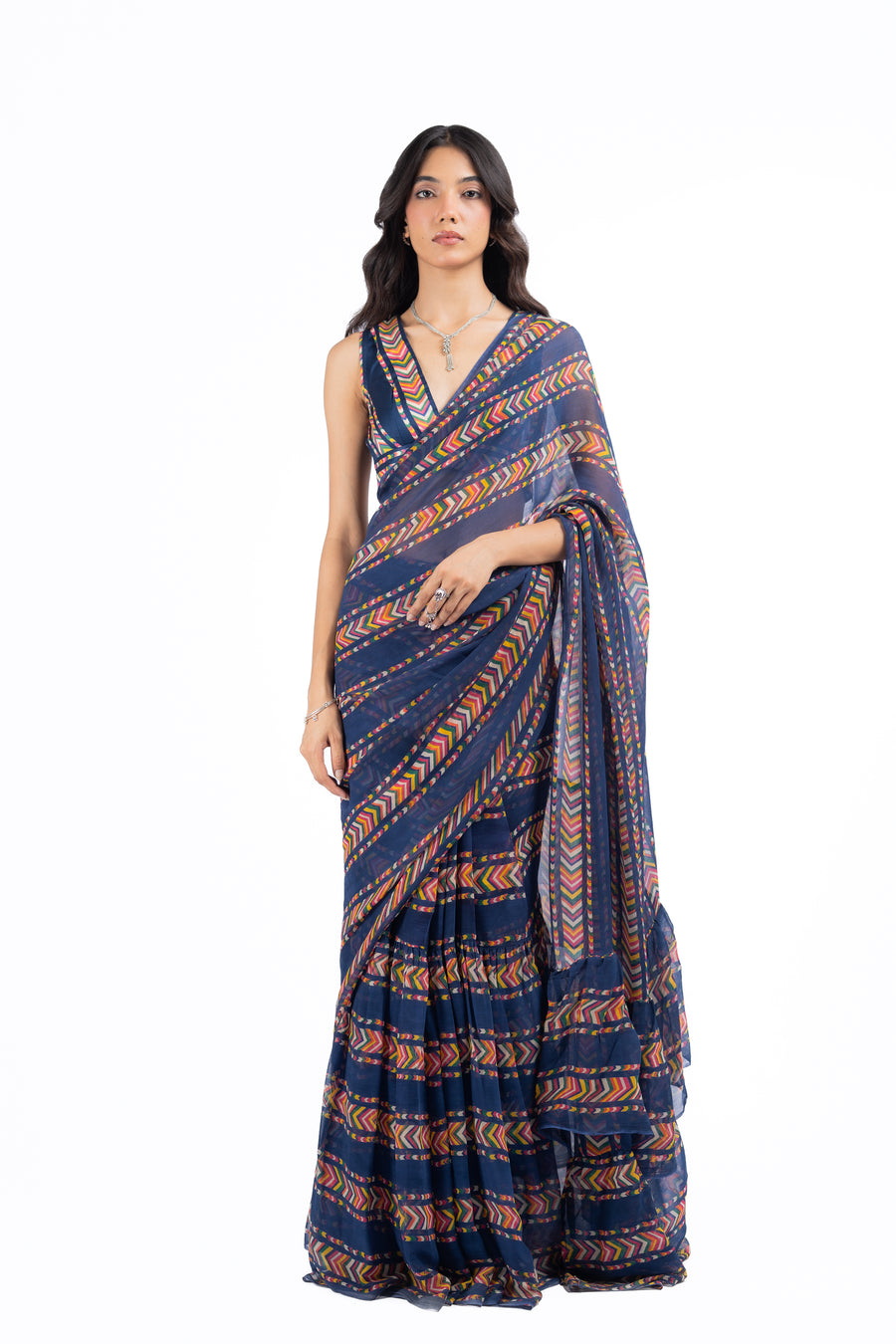 BLUE CHIFFON JHILMIL SAREE SET