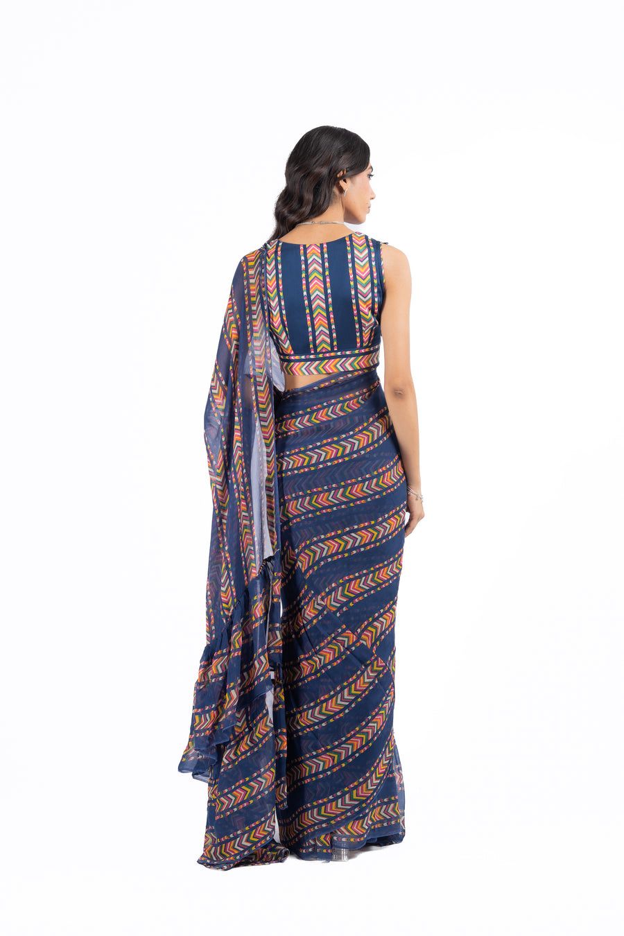 BLUE CHIFFON JHILMIL SAREE SET
