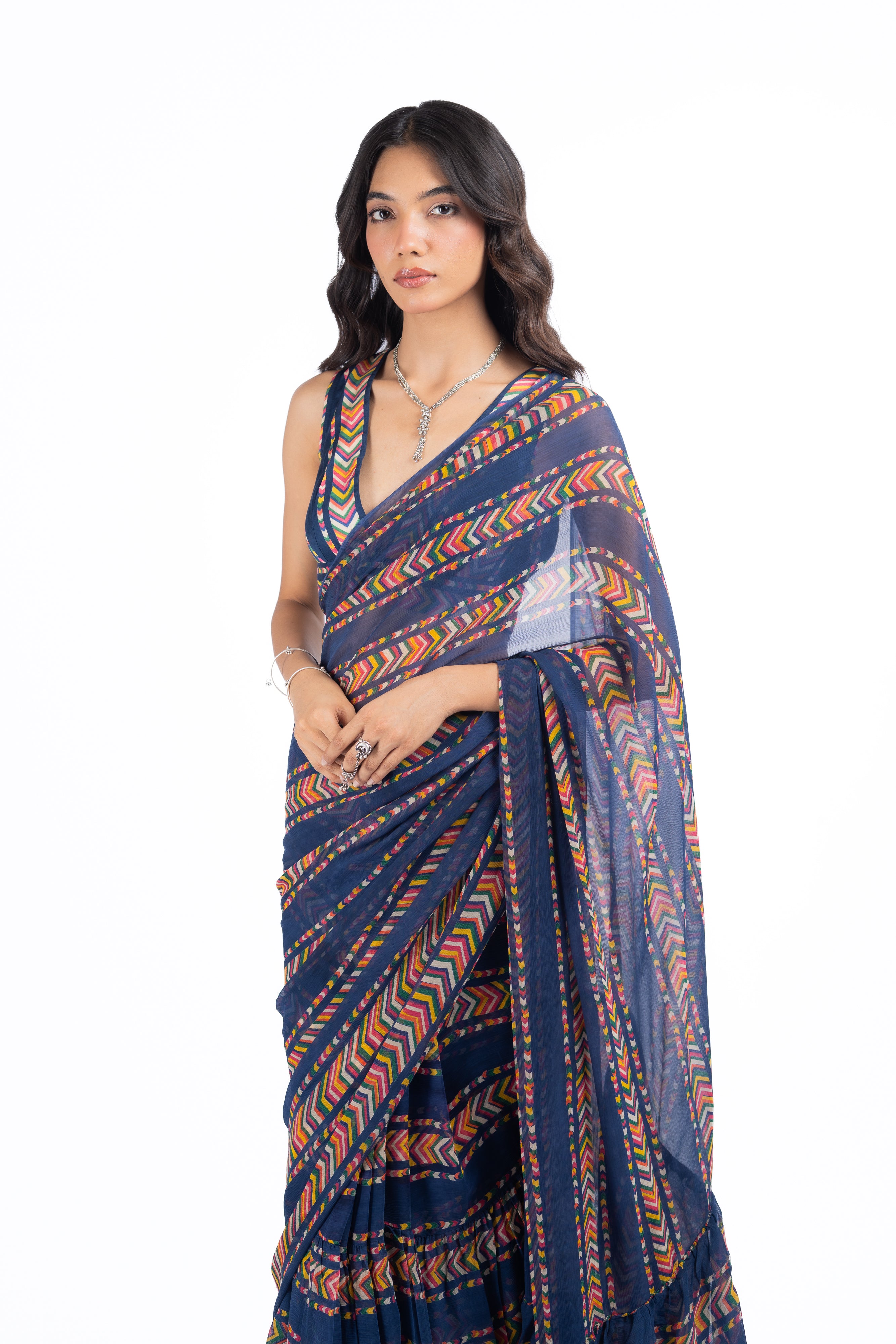 BLUE CHIFFON JHILMIL SAREE SET