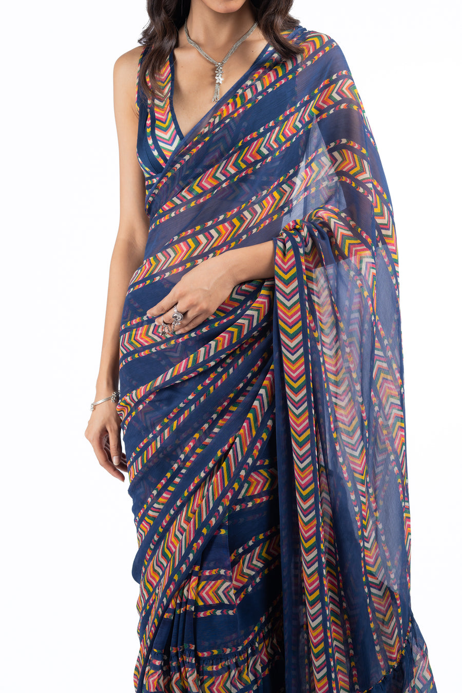 BLUE CHIFFON JHILMIL SAREE SET