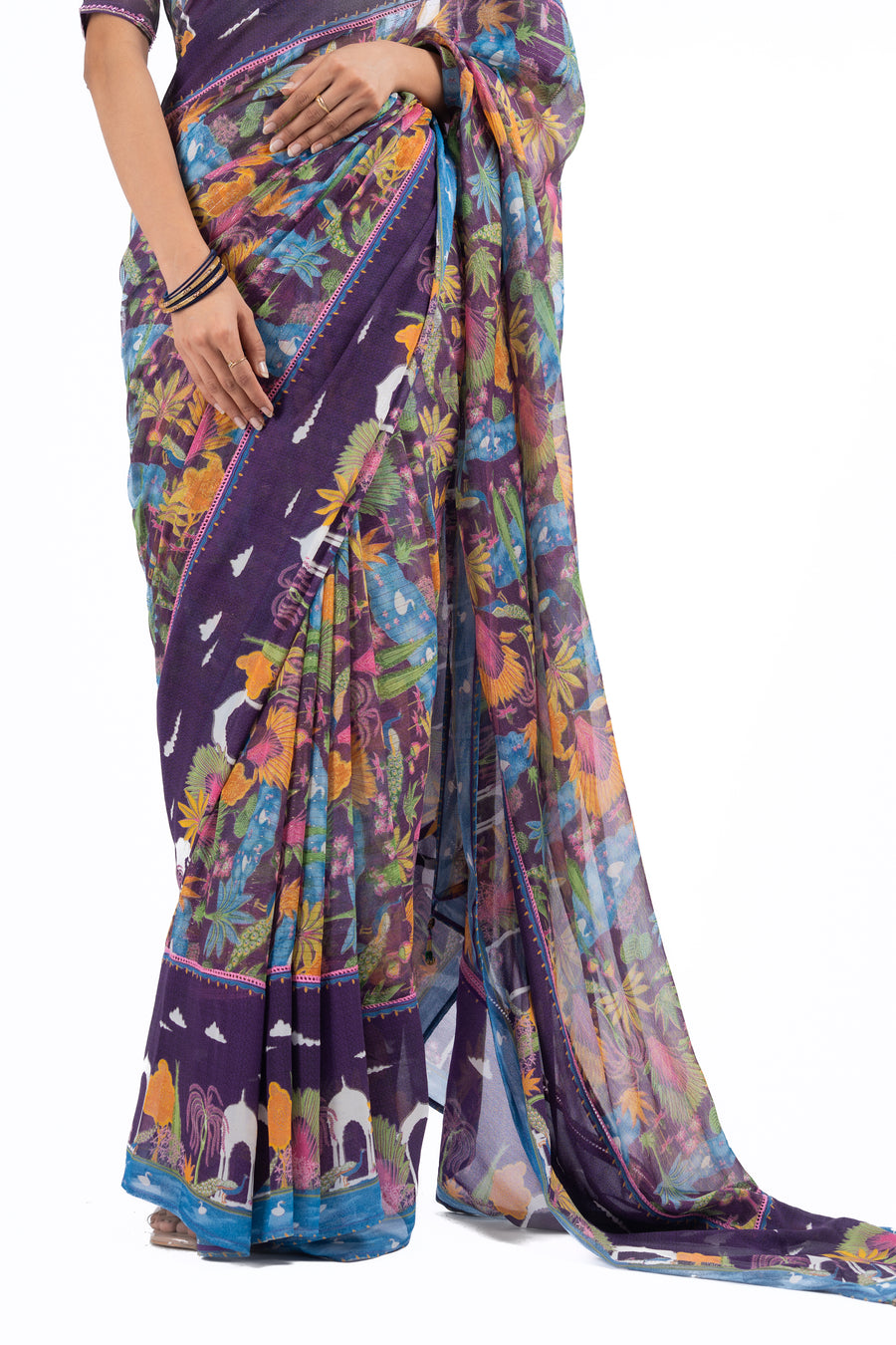 MULTICOLOR LUREX CHIFFON SAMANDAR SAREE SET