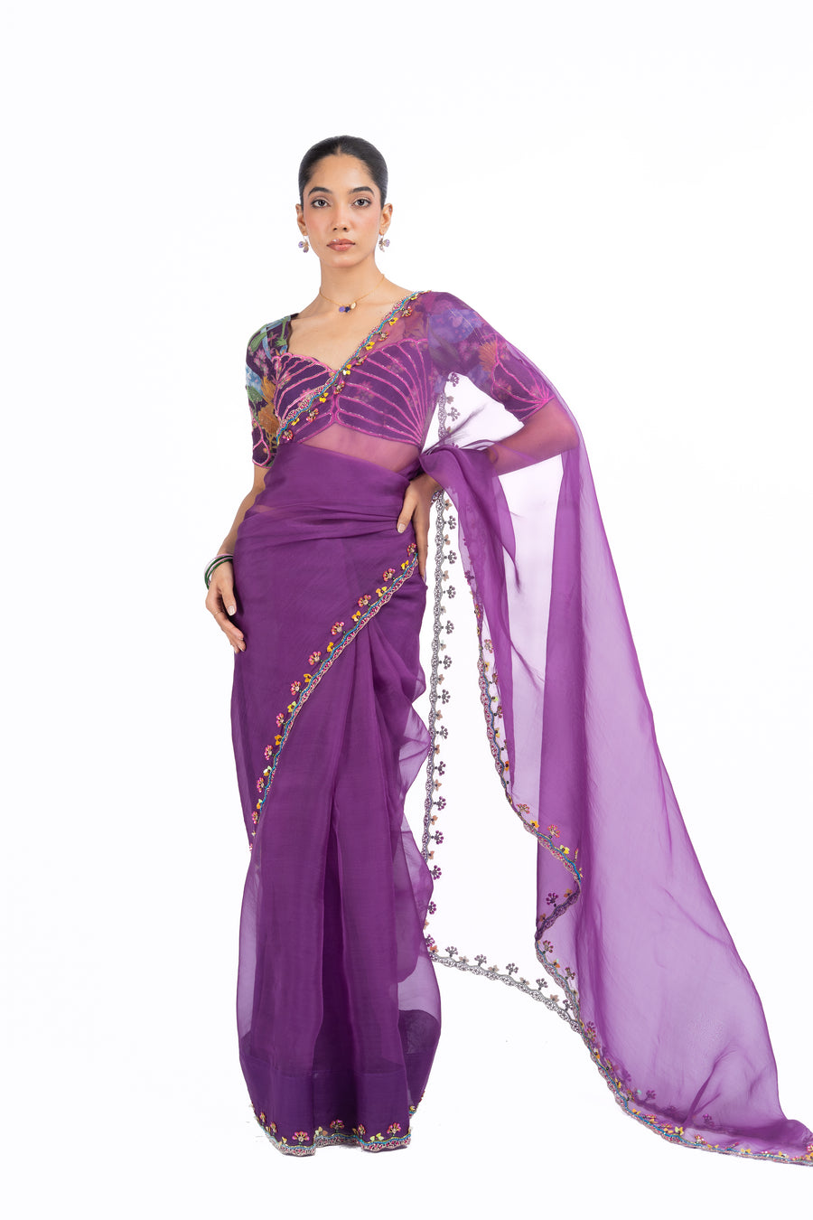 PURPLE ORGANZA GOPI SAREE SET