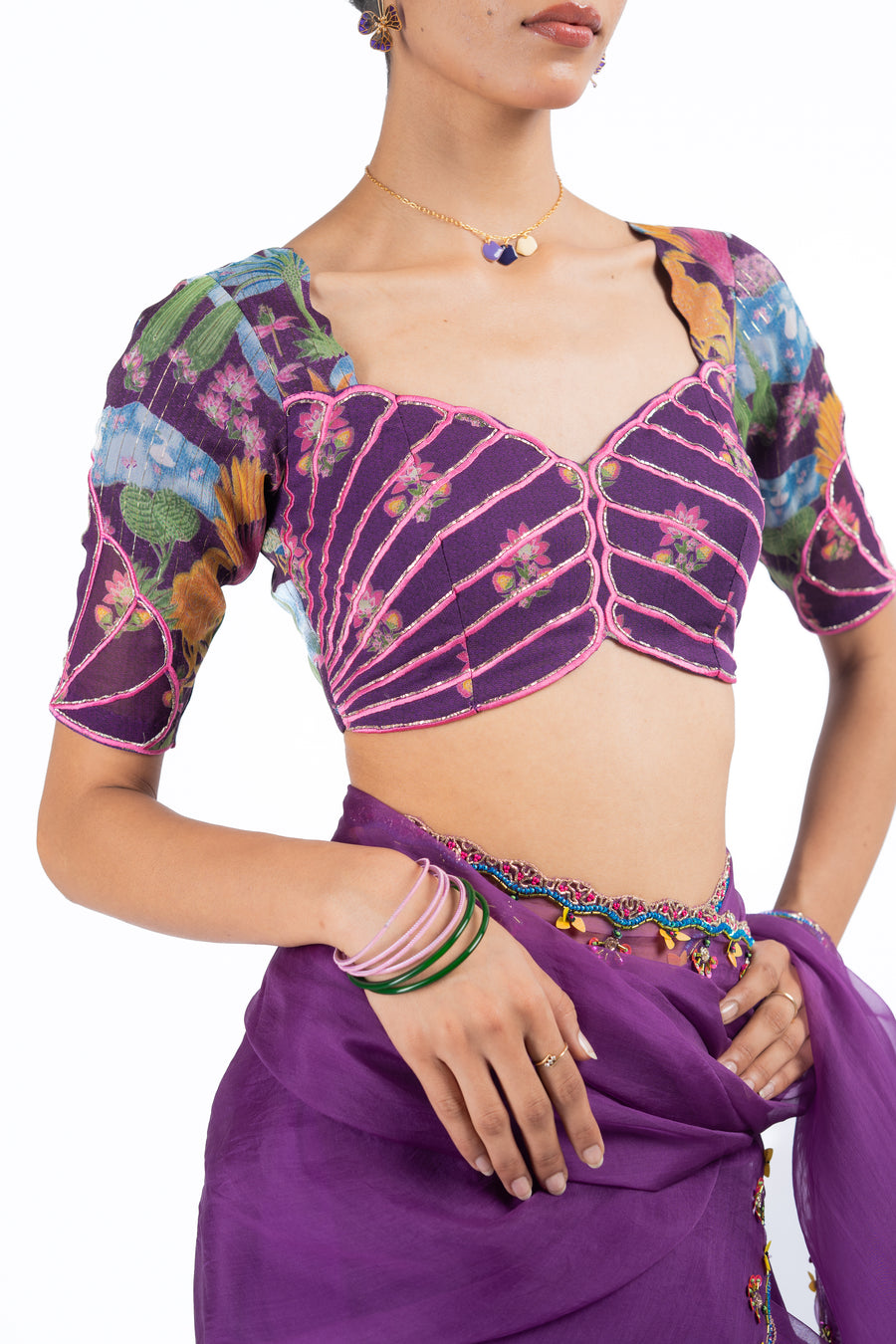 PURPLE ORGANZA GOPI SAREE SET
