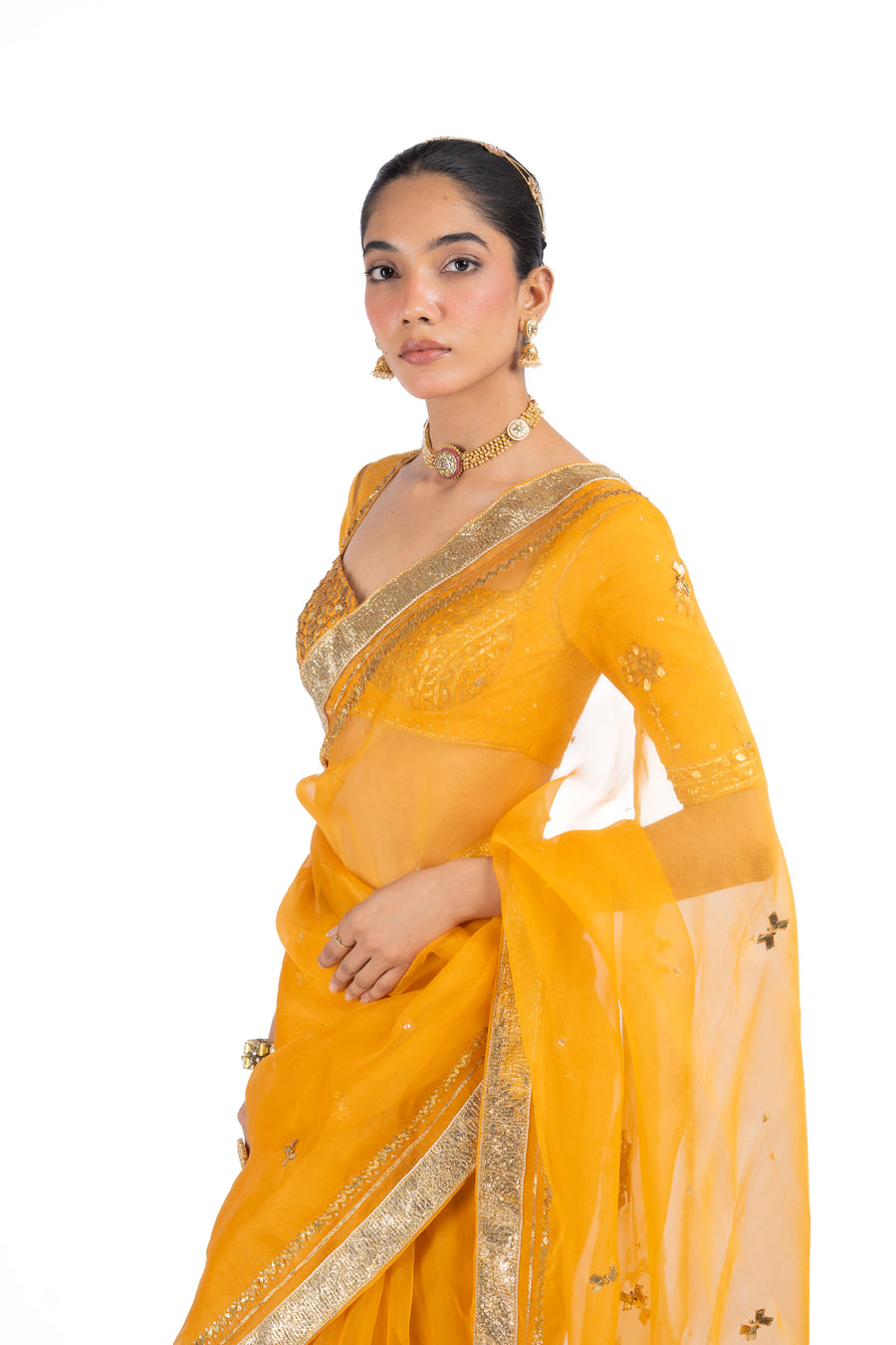 SUNEHRI SAREE WITH STITCHED BLOUSE SET OF 2