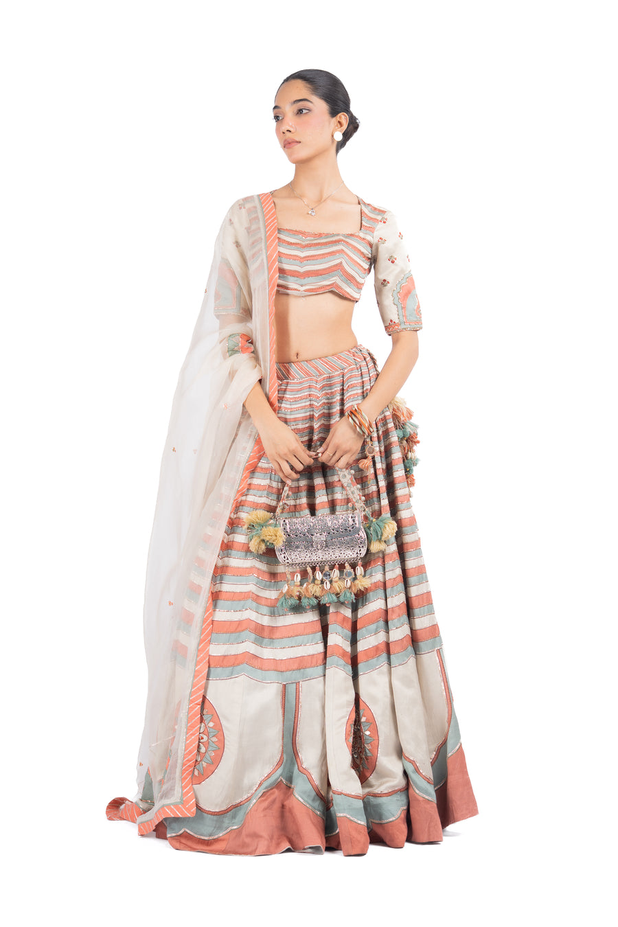 MULTICOLOR LINEN SATIN SILK RANG MAHAL LEHENGA SET