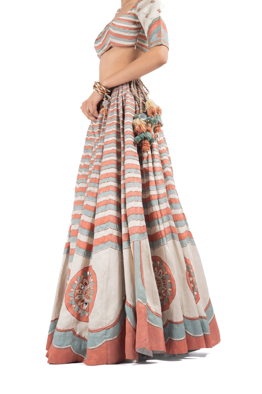 MULTICOLOR LINEN SATIN SILK RANG MAHAL LEHENGA SET