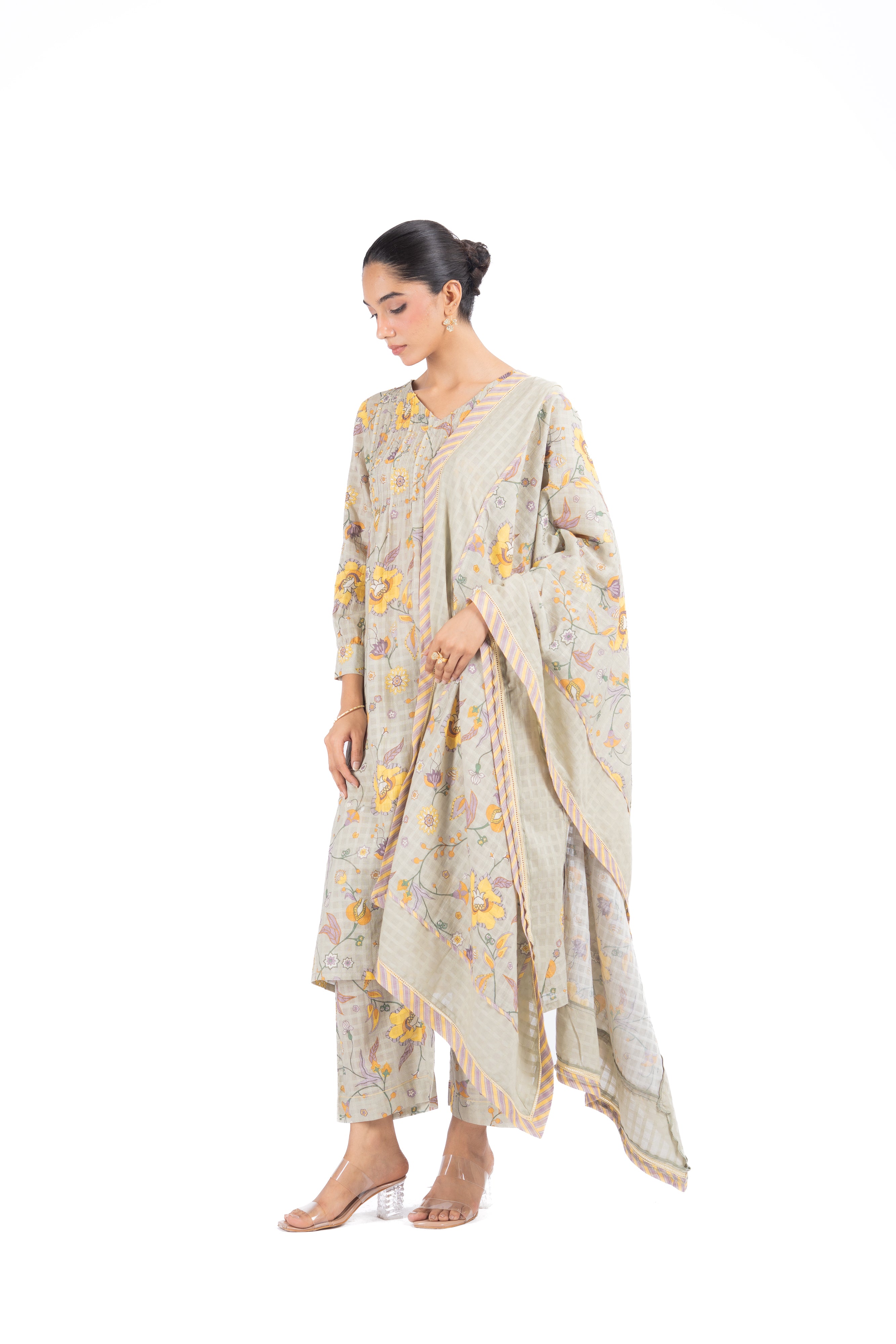 GREEN COTTON DOBBY TENDRIL KURTA PANT SET