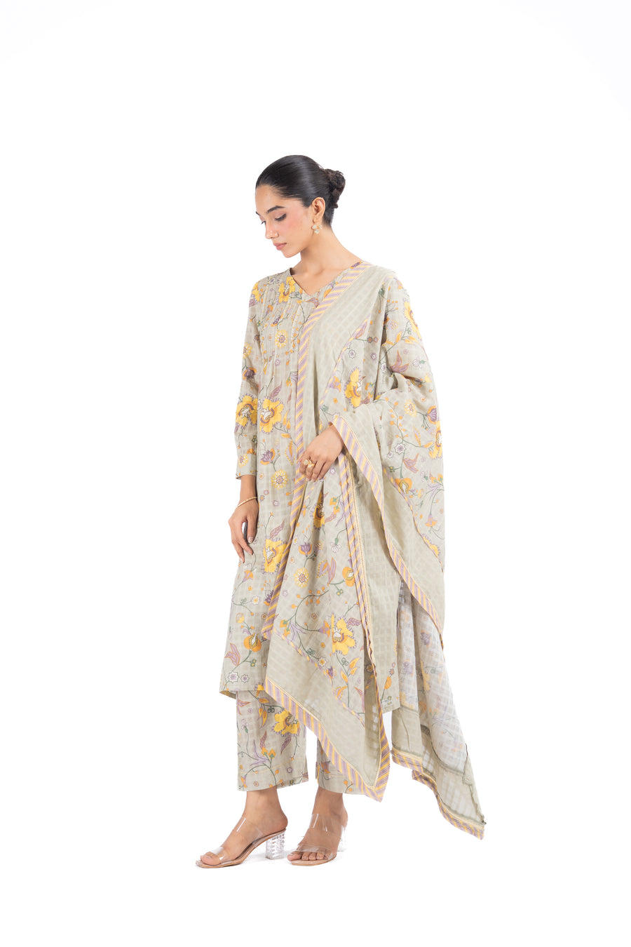 GREEN COTTON DOBBY TENDRIL KURTA PANT SET