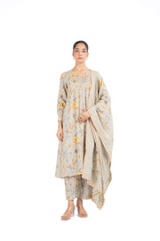 GREEN COTTON DOBBY TENDRIL KURTA PANT SET