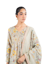 GREEN COTTON DOBBY TENDRIL KURTA PANT SET