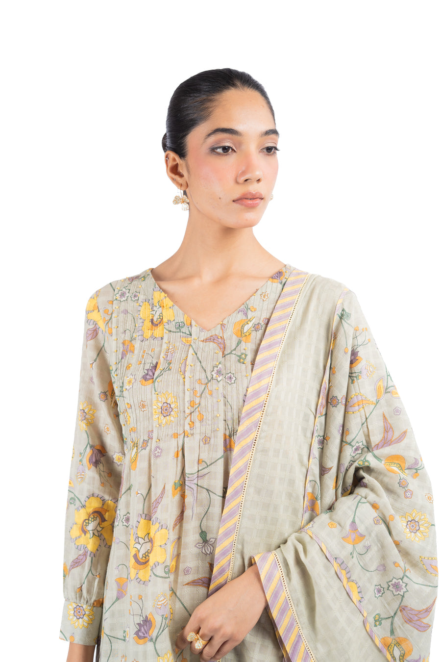 GREEN COTTON DOBBY TENDRIL KURTA PANT SET