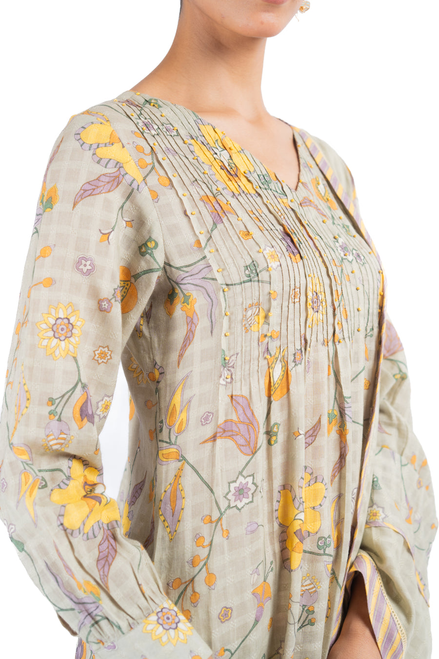 GREEN COTTON DOBBY TENDRIL KURTA PANT SET
