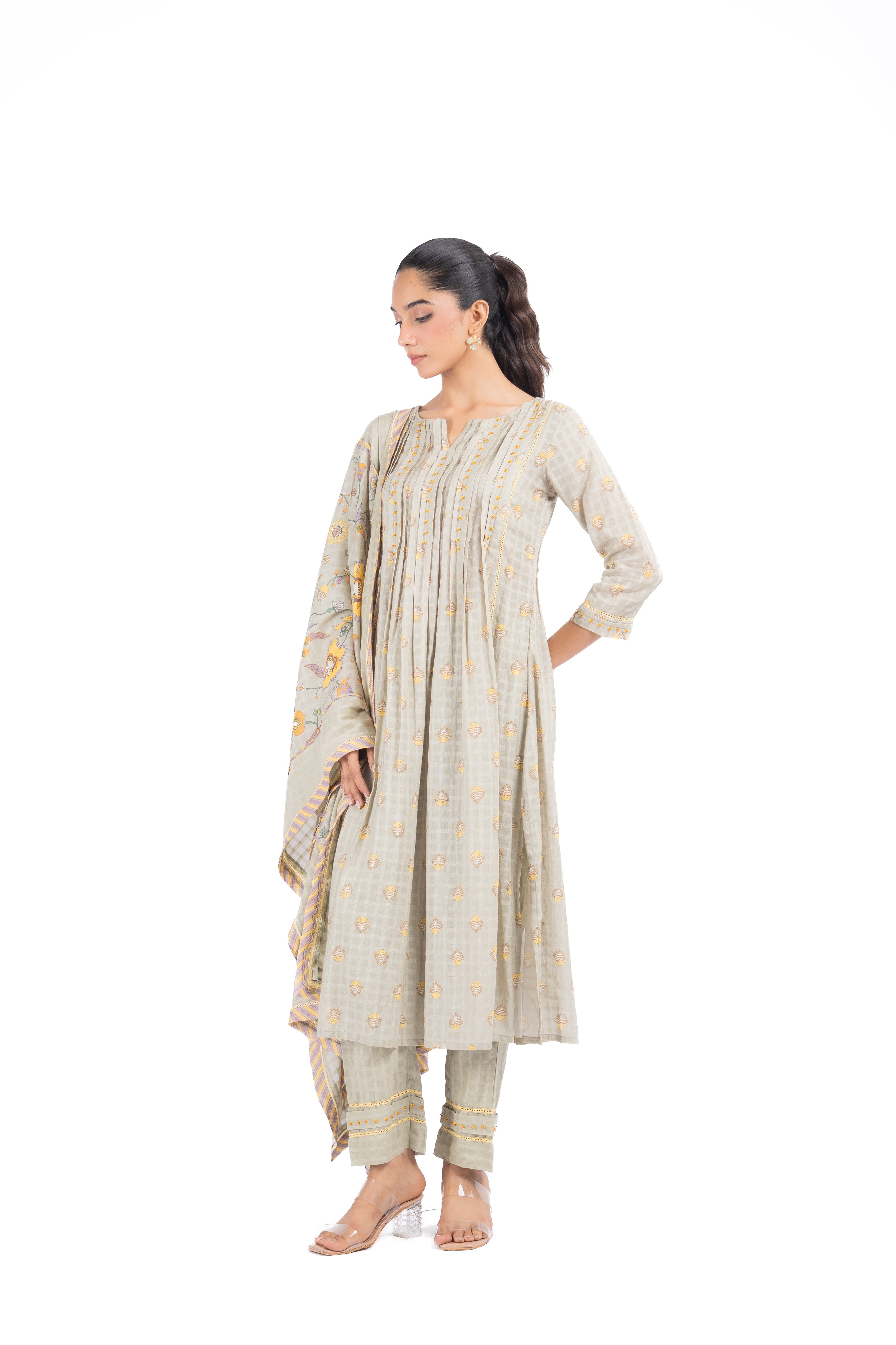 GREEN COTTON DOBBY SOLVIA KURTA PANT SET