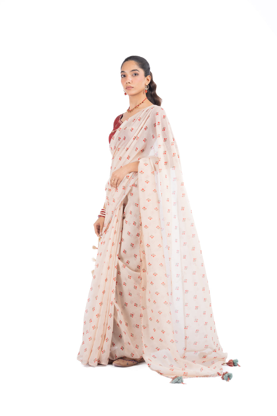 BEIGE & RED CHANDERI BAGH BOOTA SAREE SET