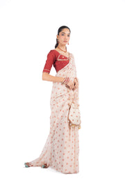 BEIGE & RED CHANDERI BAGH BOOTA SAREE SET