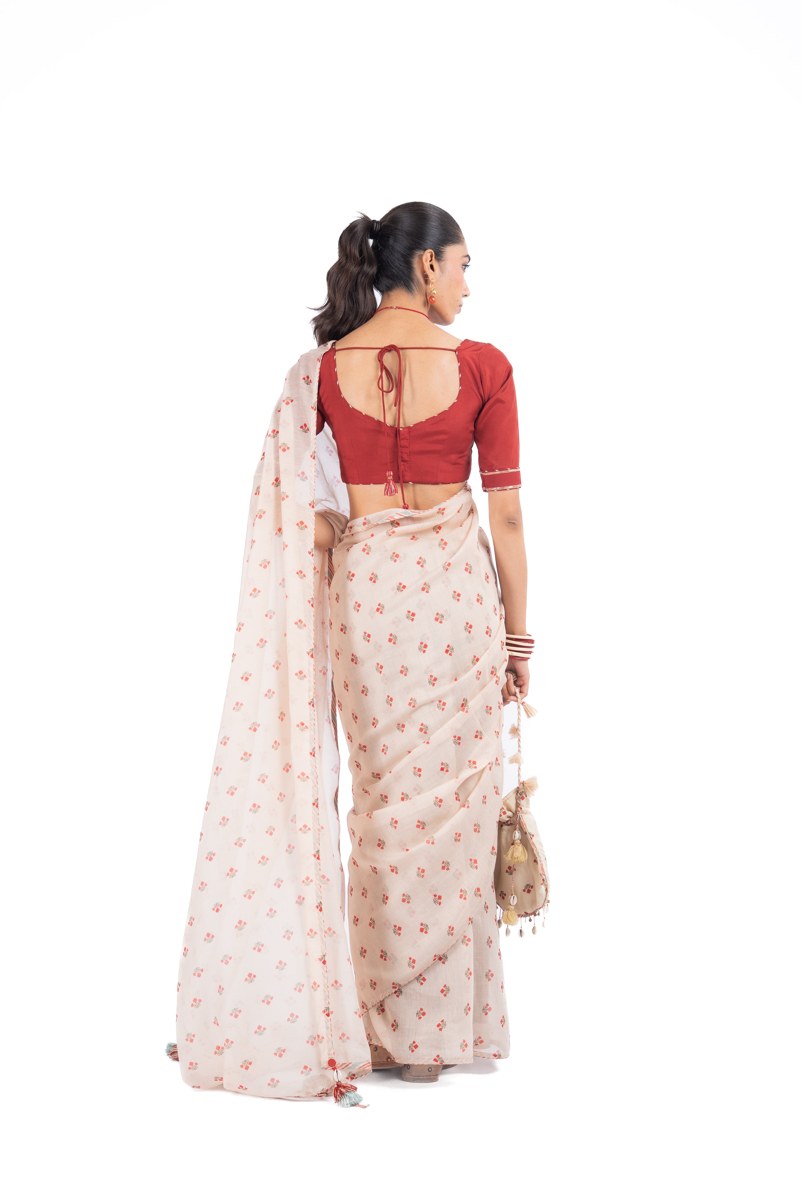BEIGE & RED CHANDERI BAGH BOOTA SAREE SET