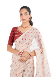 BEIGE & RED CHANDERI BAGH BOOTA SAREE SET
