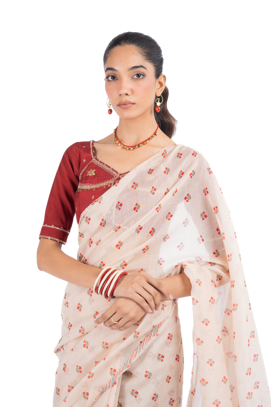 BEIGE & RED CHANDERI BAGH BOOTA SAREE SET